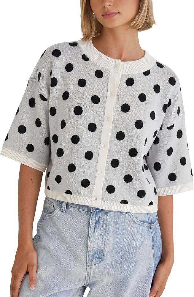 Daacee Women's Cropped Polka Dot Cardigan Casual Short Sleeve Sweater Top | Amazon (US)