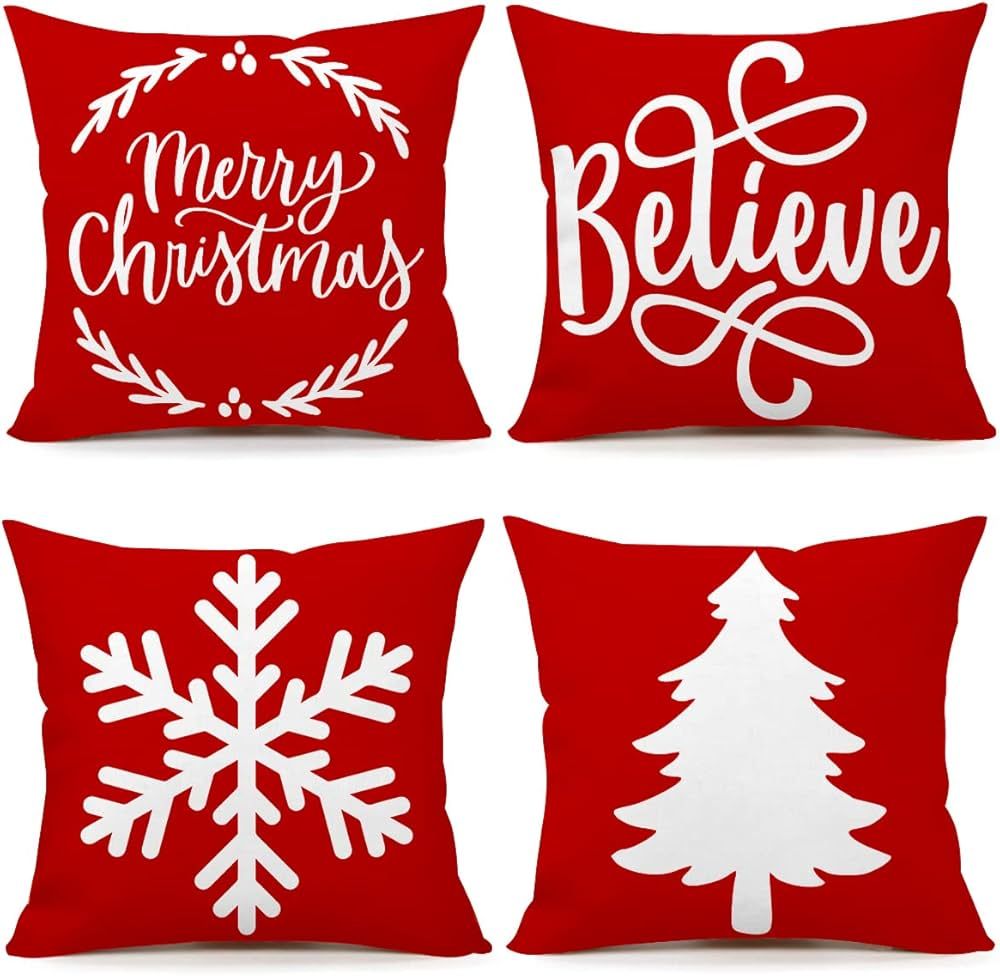 4TH Emotion Red White Soft Christmas Pillow Covers 18x18 Set of 4 Farmhouse Christmas Decorations... | Amazon (US)
