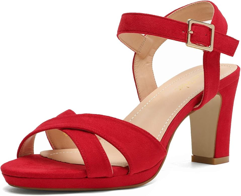 DREAM PAIRS Women’s Open Toe Ankle Strap Sparkly Strappy Chunky Heel Pump Sandals | Amazon (US)