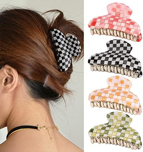 WHAVEL 4PCS Checkered Claw Clip, 2.9 Inch Medium Hair Claw Clips Classic Geometric Claw Tortoise ... | Amazon (US)