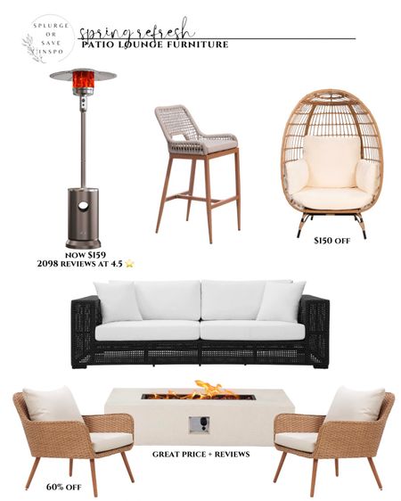 Outdoor furniture patio. Egg chair. Black outdoor sofa. Gas fire pit white. Woven accent chair outdoor. Standing heater. Woven counter stools. Outdoor lounge set patio. Outdoor chair patio. Patio sofa outdoor. 

#LTKsalealert #LTKhome #LTKSeasonal