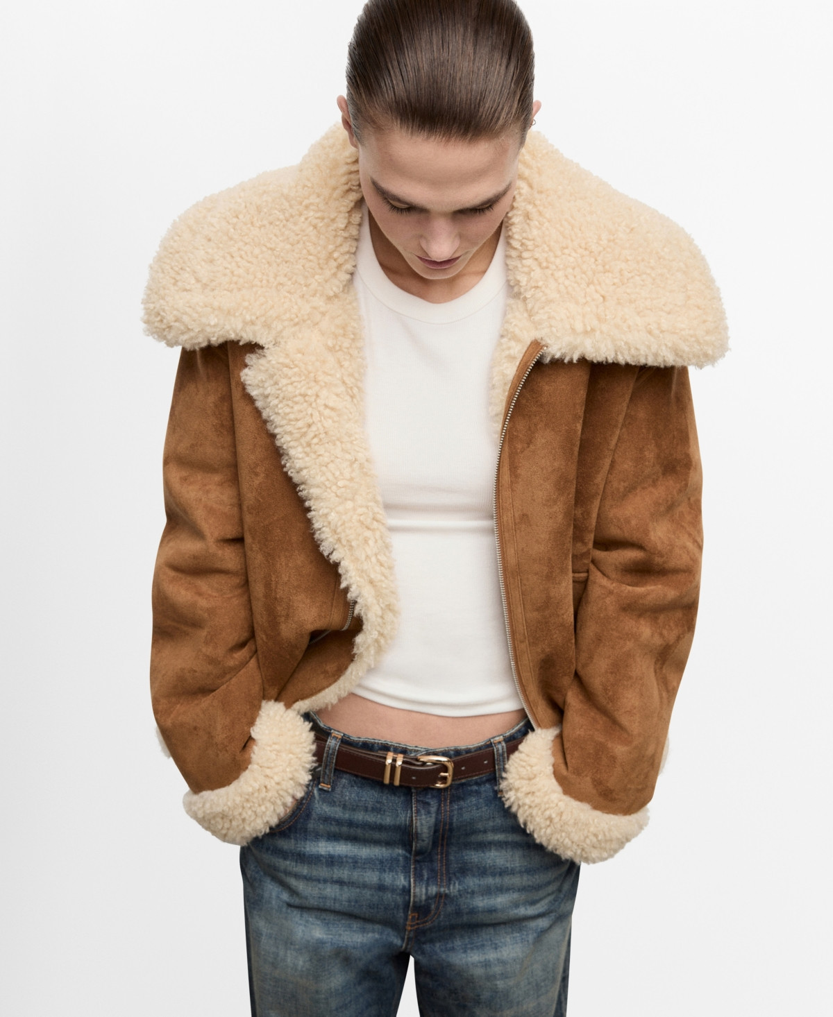 Mango Women's Shearling And Suede-Effect Jacket - Brown | Macy's