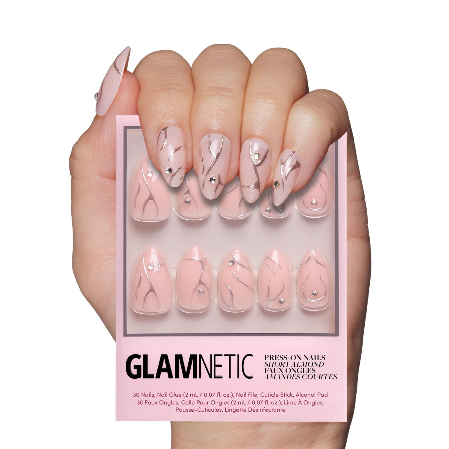 Glamnetic Press On Nails - Astro | Semi-Transparent 3D Metallic Silver Swirl Short Almond Fake Na... | Amazon (US)