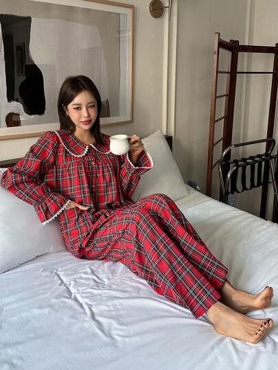 DAZY Cute Christmas Plaid Peter Pan Collar Ruffle Splicing Pajama Set, Fall Winter Clothes | SHEIN