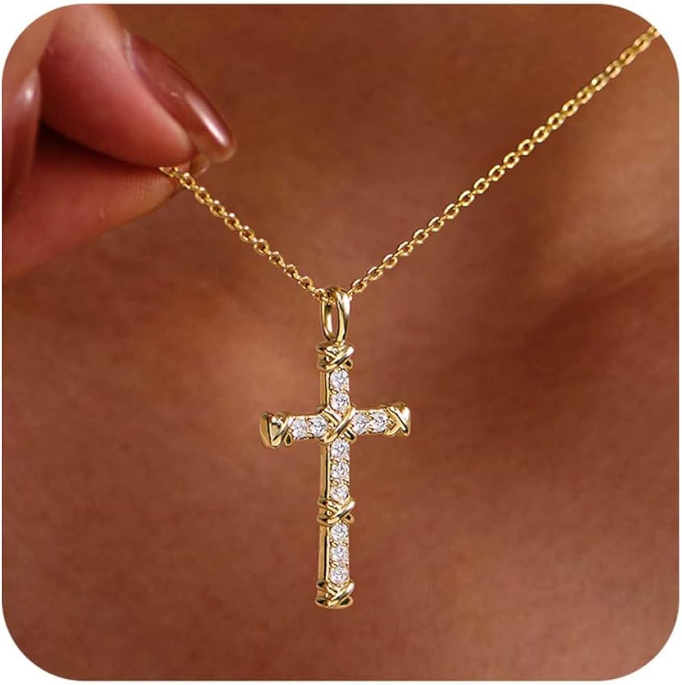 14K Gold Cross Necklace for Women,Gold Filled Sterling Silver Cross Necklace CZ Diamonds Crucifix... | Amazon (US)