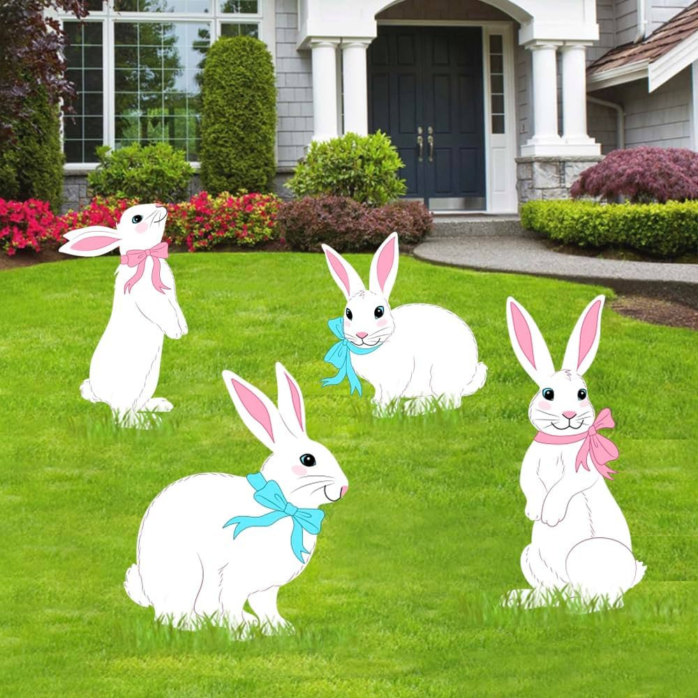 Easter Decorations Outdoor Yard Signs: 4pcs Large White Bunny Signs with Stakes, Cute Rabbits wit... | Amazon (US)