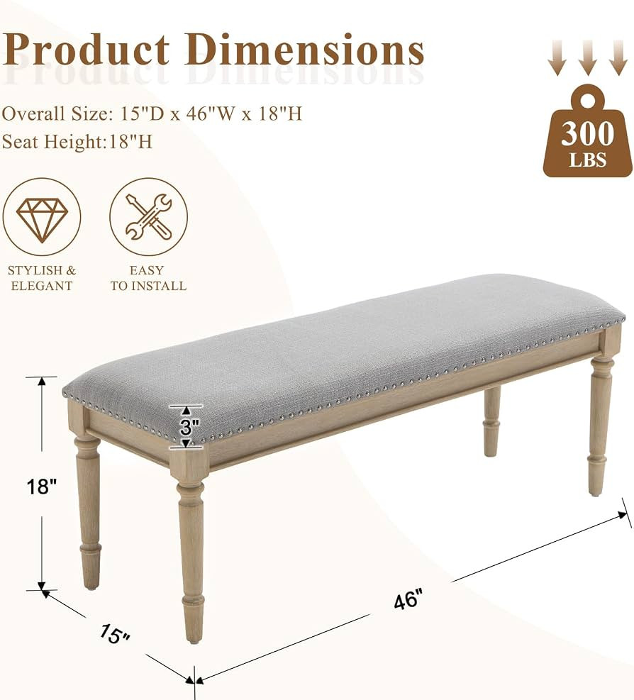 46'' French Country Entryway Bench Wooden Linen Fabric Upholstered Seat Dinng Bench with Nailhead... | Amazon (US)