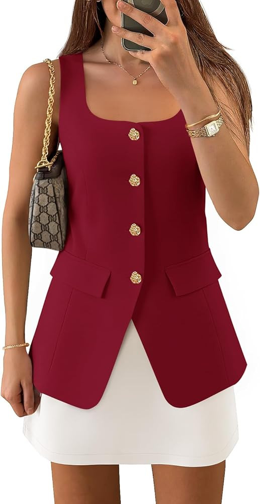 ZESICA Women's 2025 Summer Casual Sleeveless Suit Vest Square Neck Button Down Work Business Blaz... | Amazon (US)