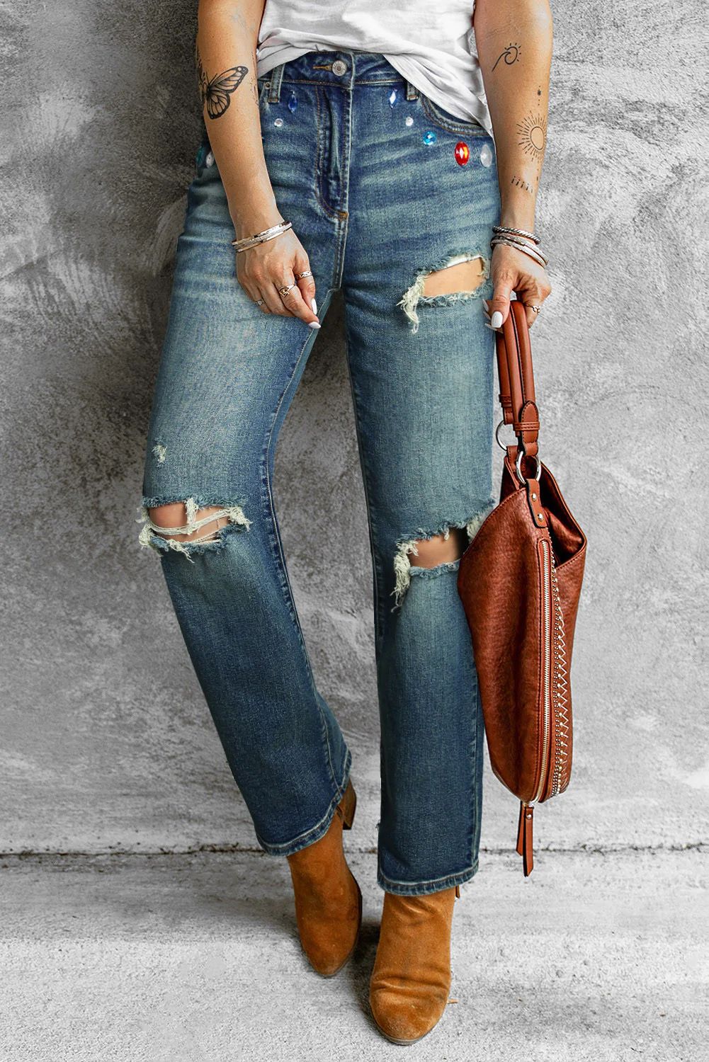 Colored Rhinestones Shift Straight Mid Rise  Ripped Jeans | Evaless