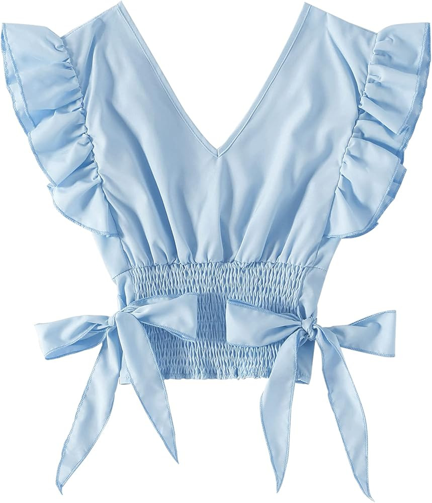 LYANER Women's V Neck Polka Dots Ruffle Cap Sleeve Shirred Hem Blouse Crop Tank Top | Amazon (US)