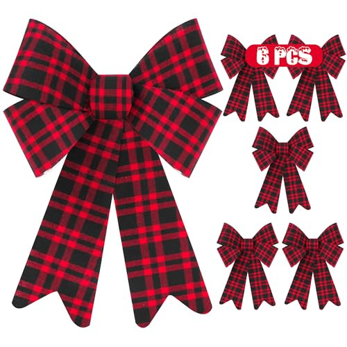 6 PCS Christmas Decor, 9" x 12" Large Christmas Bows, Red Black Buffalo Plaid Hanging Christmas Tree Bow PVC Big Christmas Bow Indoor Outdoor Xmas Home Party Decor Christmas Wreath Bows for Stairs | Amazon (US)