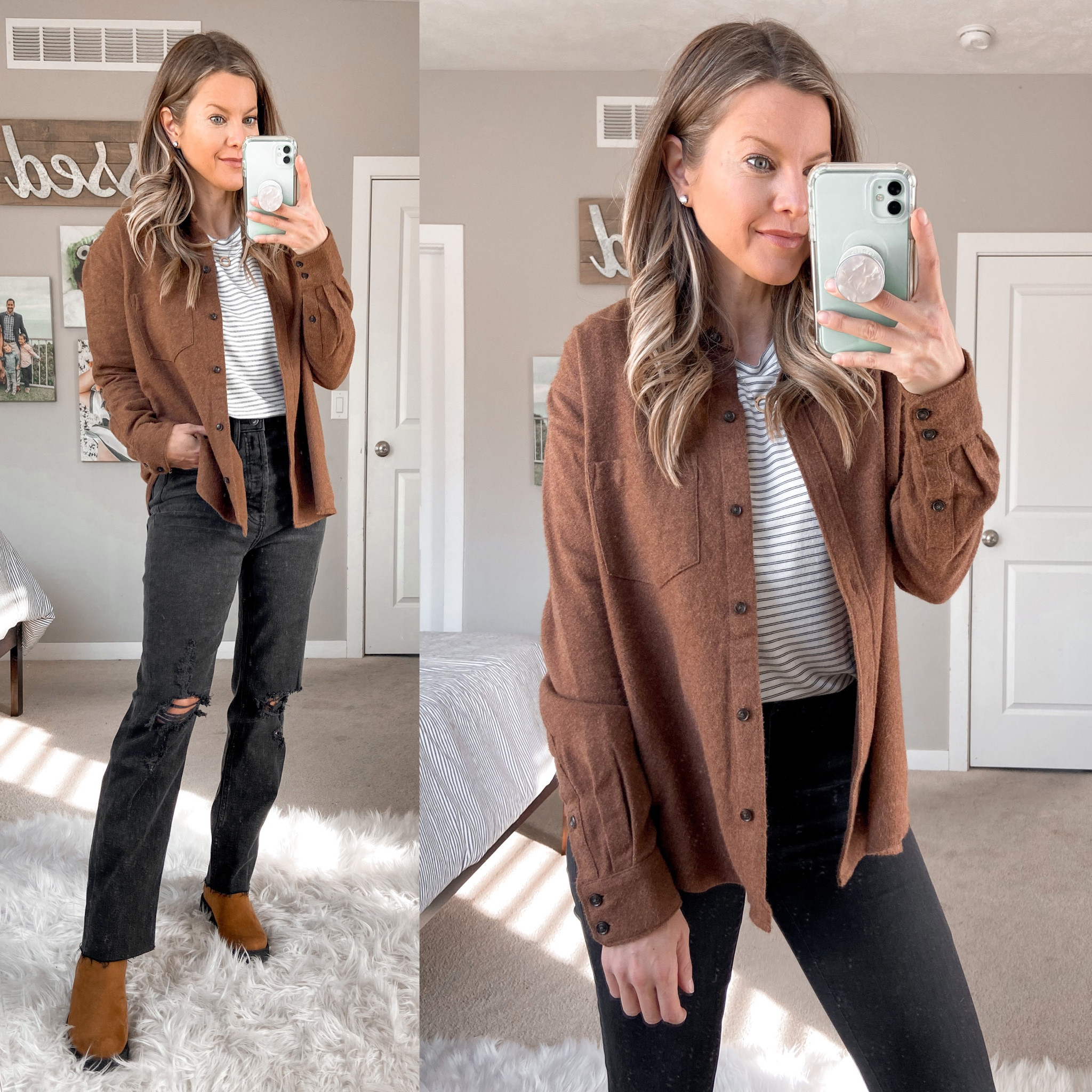Madewell Brown Flannel Shirt Shacket | Target Black High-Waisted Straight Jeans | Old Navy Brown Cognac Chelsea Boots

#LTKunder50 #LTKstyletip #LTKunder100