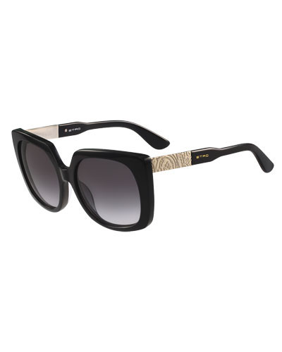 Oversized Square Paisley-Temple Sunglasses, Black | Bergdorf Goodman