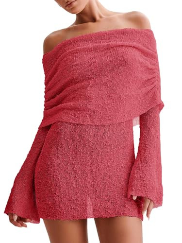 Imily Bela Womens Beach Swimsuit Cover Ups Summer Off The Shoulder Long Bell Sleeve Sheer Mini Dr... | Amazon (US)