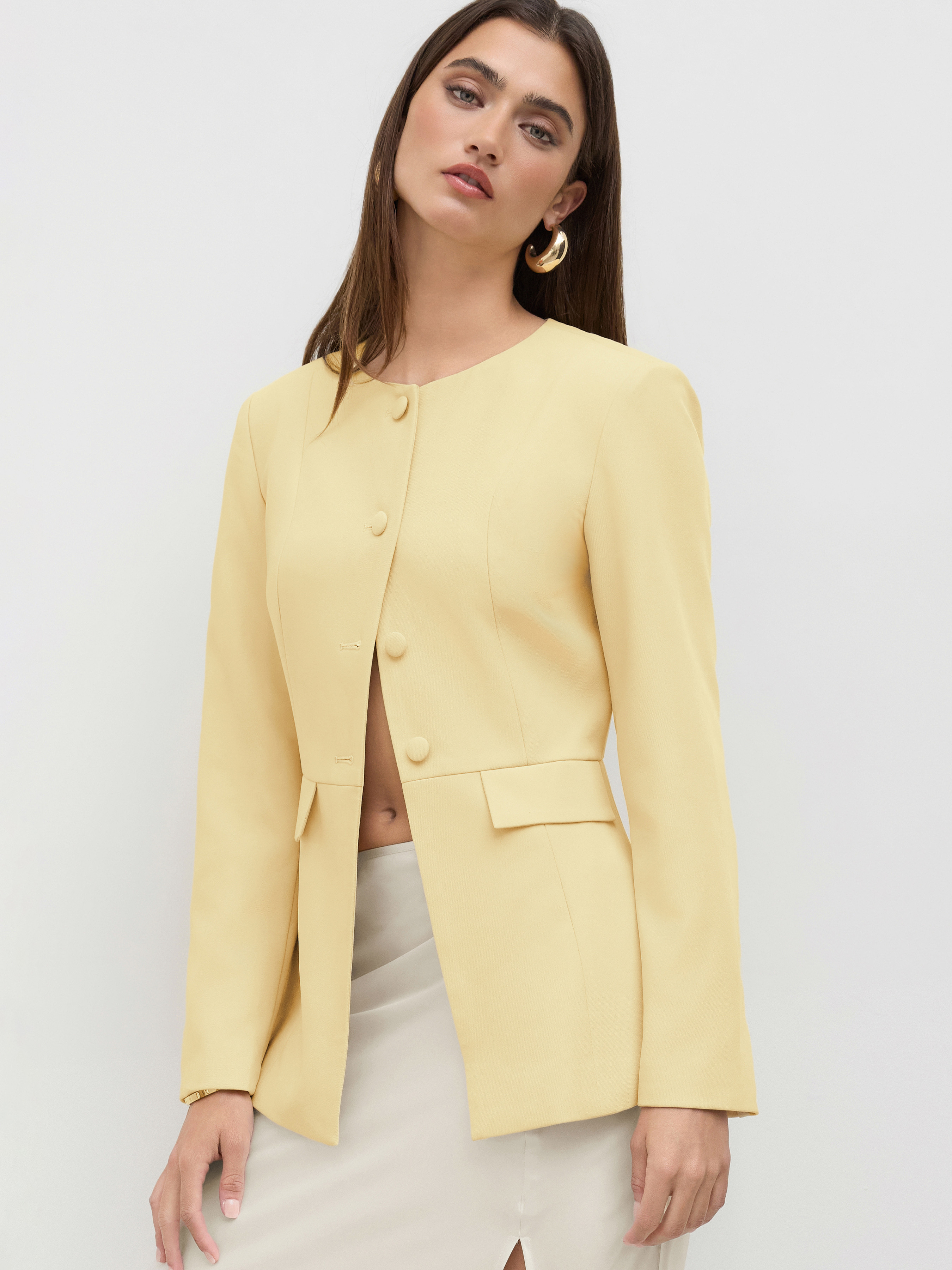 Woven Round Neckline Button Up Split Blazer For Work | Cider