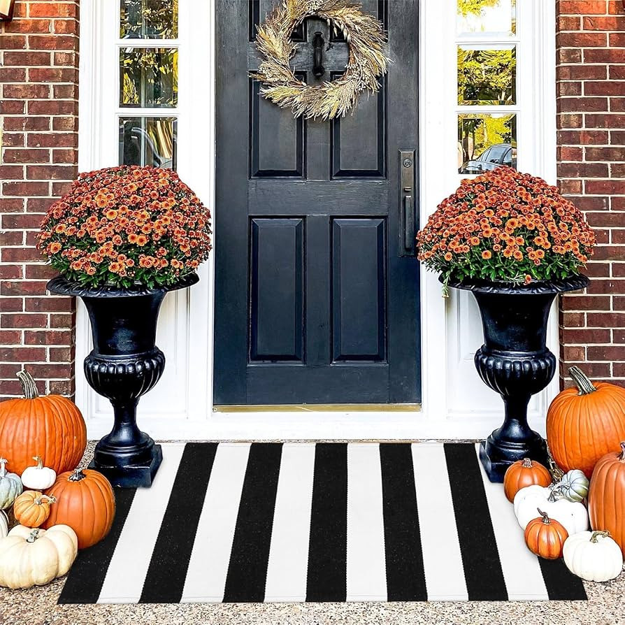 Collive Black and White Outdoor Striped Rug 24"x 51", Cotton Woven Front Porch Rug Fall Decor,Was... | Amazon (US)