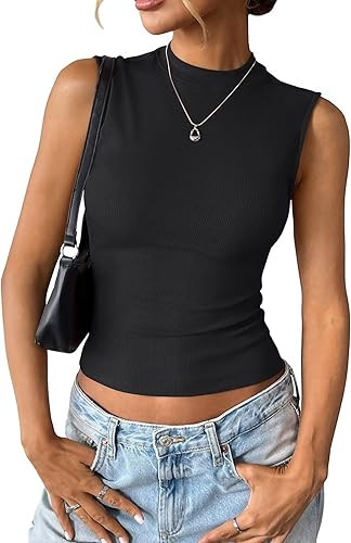 Womens Cotton Ribbed Tank Tops Sleeveless Mock High Neck Top Fitted Basic Summer Cami Shirts Y2K ... | Amazon (US)