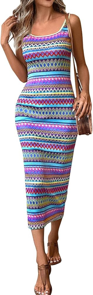 PRETTYGARDEN Tank Dress for Women 2026 Summer Casual Striped Maxi Dresses Fitted Square Neck Beac... | Amazon (US)
