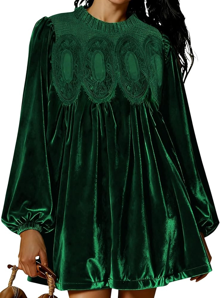 Womens A-Line Velvet Lace Overall Pleated Swing Babydoll Casual Skirtall Scallop Neck Flared Wedd... | Amazon (US)