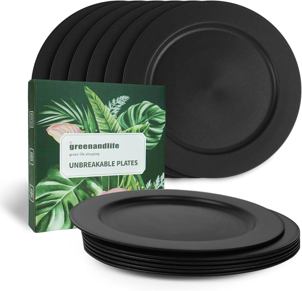greenandlife 10inch/6pcs Dishwasher & Microwave Safe Wheat Straw Plates, Alternative for Plastic Plates, Lightweight Reusable Unbreakable Dinner Plates, Non-toxin, BPA Free for Kids Adults, Black | Amazon (US)