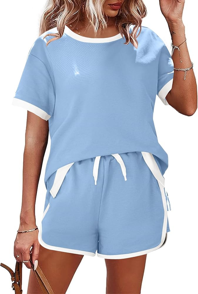 AKEWEI Shorts Sets Women 2 Piece Outfits Casual Short Sleeve Crewneck Tops and Drawstring Shorts ... | Amazon (US)