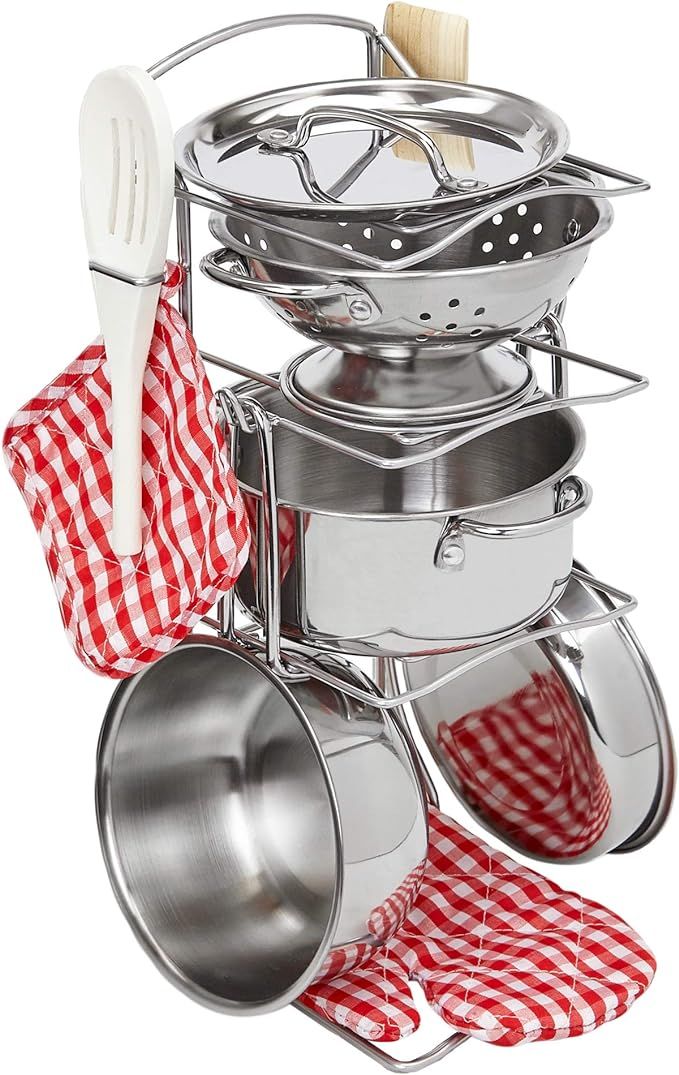 Giantville Toy Kitchen Play Set, 10 Piece Bundle - Stainless Steel Pots, Pans and Skillets, Woode... | Amazon (US)