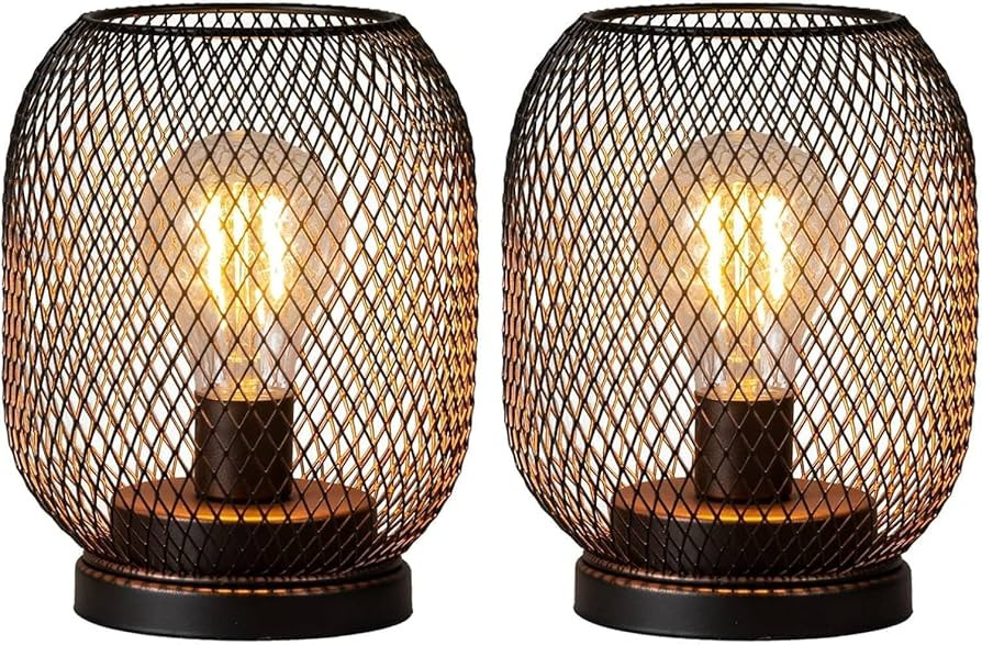 DECORKEY Set of 2 Battery Operated Lamp LED Table Lantern, Brown Metal Cage Cordless Lamps with L... | Amazon (US)