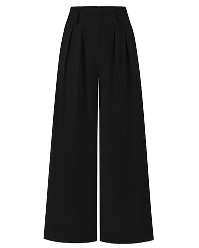 BTFBM Women's Elegant Flowy Dress Pants Front Pleated High Waisted Casual Wide Leg Loose Palazzo Trousers with Pockets(Black, 6) | Amazon (US)