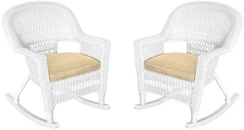 Pemberly Row Rocker Wicker Chair in White with Tan Cushion (Set of 2) | Amazon (US)