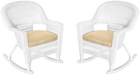 Pemberly Row Rocker Wicker Chair in White with Tan Cushion (Set of 2) | Amazon (US)