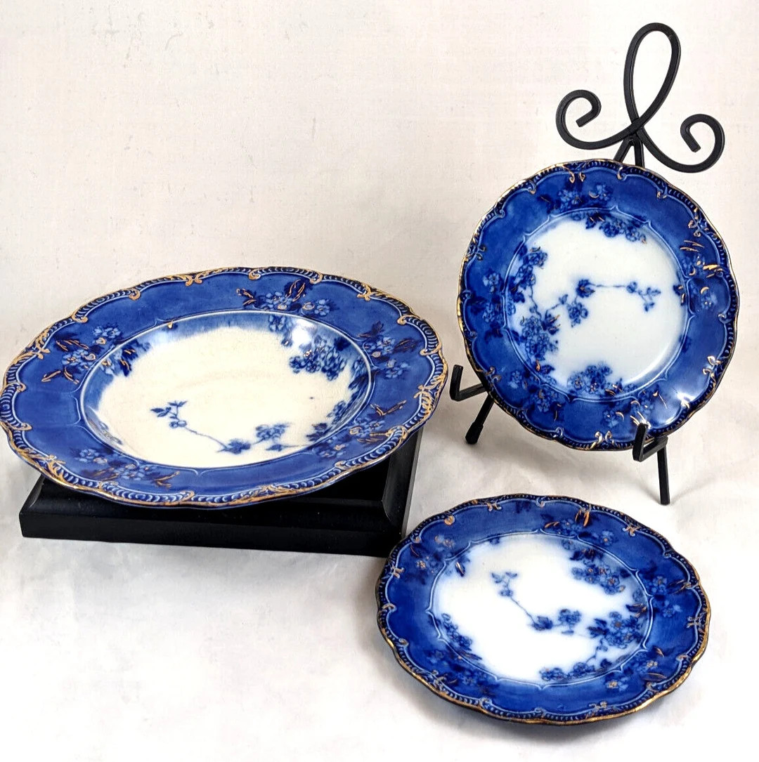Antique Flow Blue Lugano England Bowl & (2) Small Plates | Etsy (US)