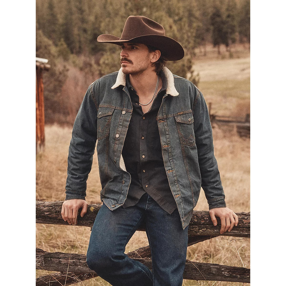 Wrangler® Western Sherpa Lined Denim Trucker Jacket in Rustic | Wrangler