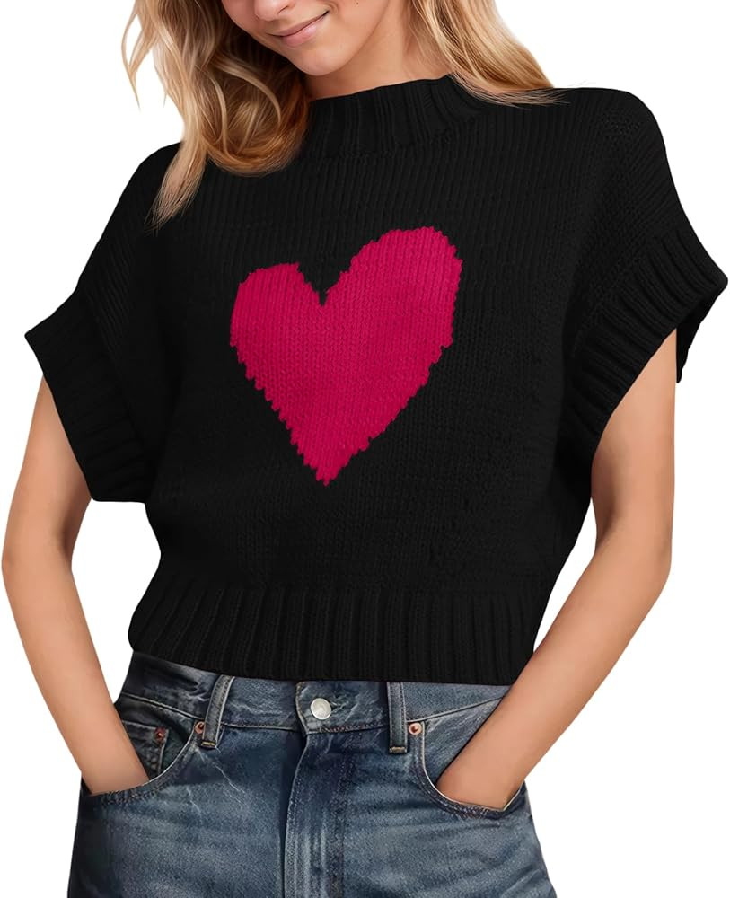 Saodimallsu Womens Cap Sleeve Cropped Sweater Mock Neck Cute Heart Loose Valentine Knit Tank Tops | Amazon (US)