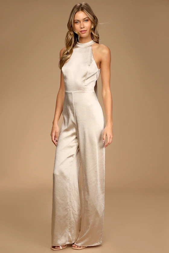 Elegant Love Champagne Satin Tie-Back Wide-Leg Jumpsuit | Lulus (US)