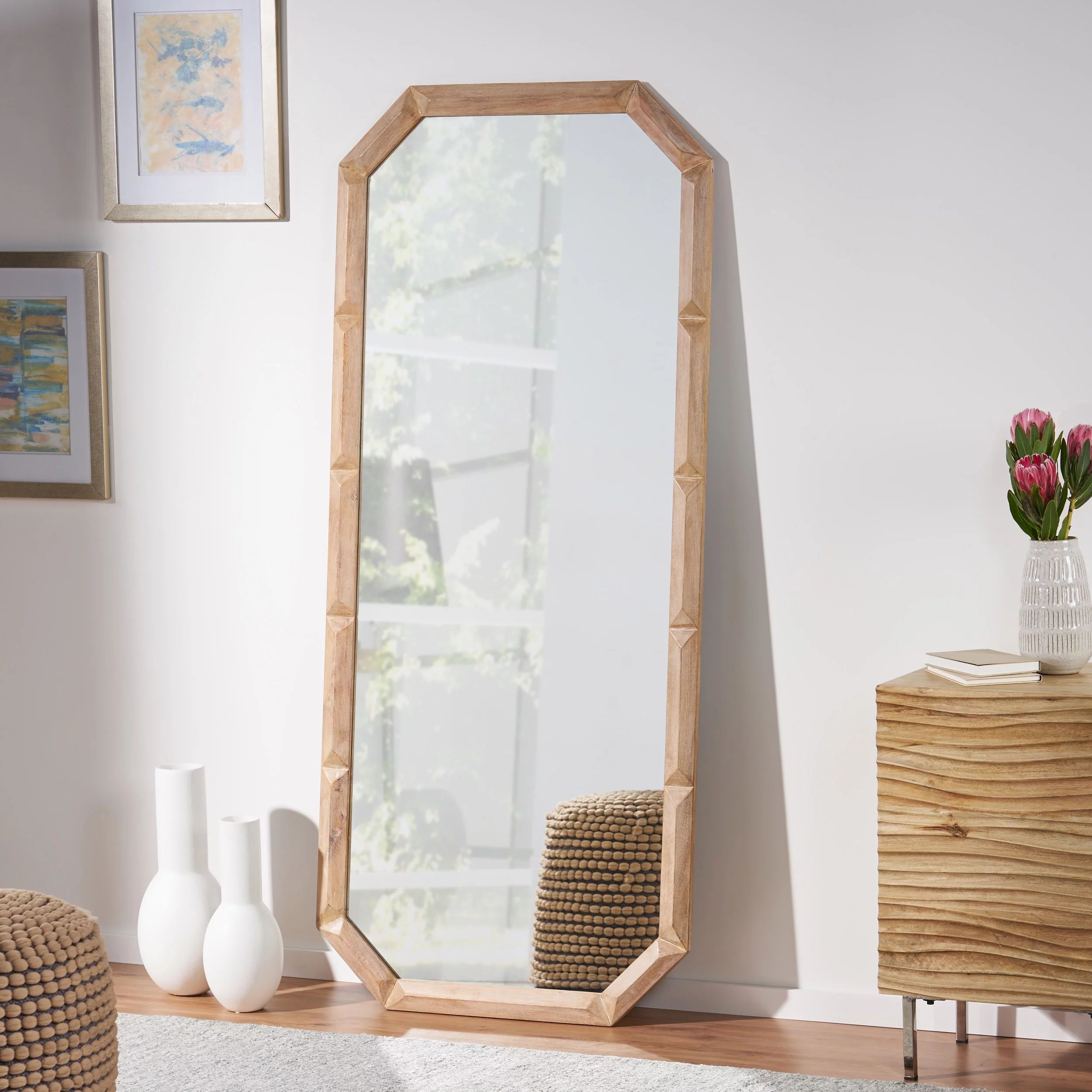 Noble House Jaxson Modern Standing Mirror with Carved Frame, Natural, White | Walmart (US)