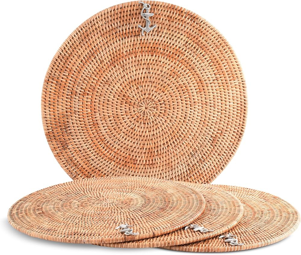 Vagabond House Large Woven Rattan Placemats Set of 4, Durable Wicker Placemats with Pewter Anchor... | Amazon (US)