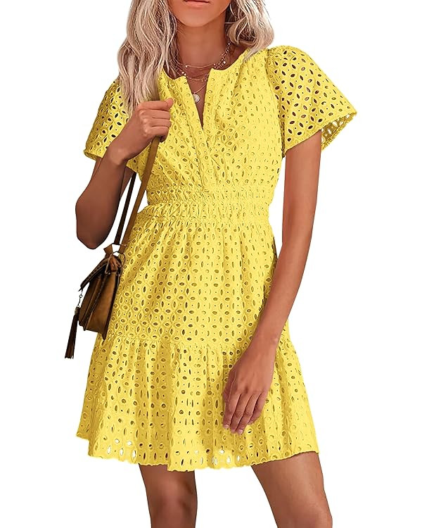 PRETTYGARDEN Womens 2025 Summer Short Dress V Neck Short Sleeve A Line Hollow Out Lace Ruffle Cut... | Amazon (US)