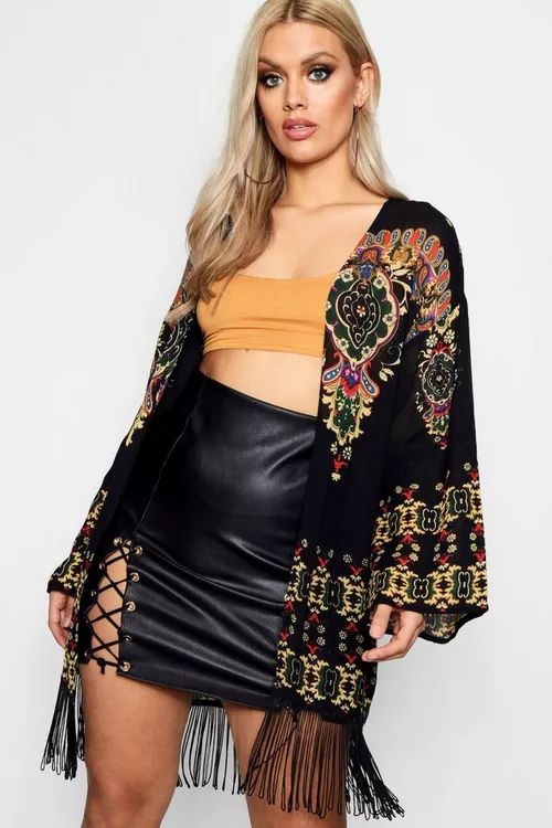 Plus Printed Fringe Kimono | Boohoo.com (UK & IE)