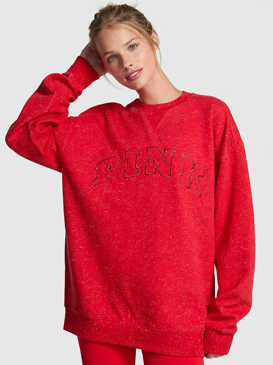 Buy Ivy Fleece Oversized Crew Sweatshirt, Heathered Bright Vermillion Woven Shine - Order Hoodies... | Victoria's Secret (US / CA )