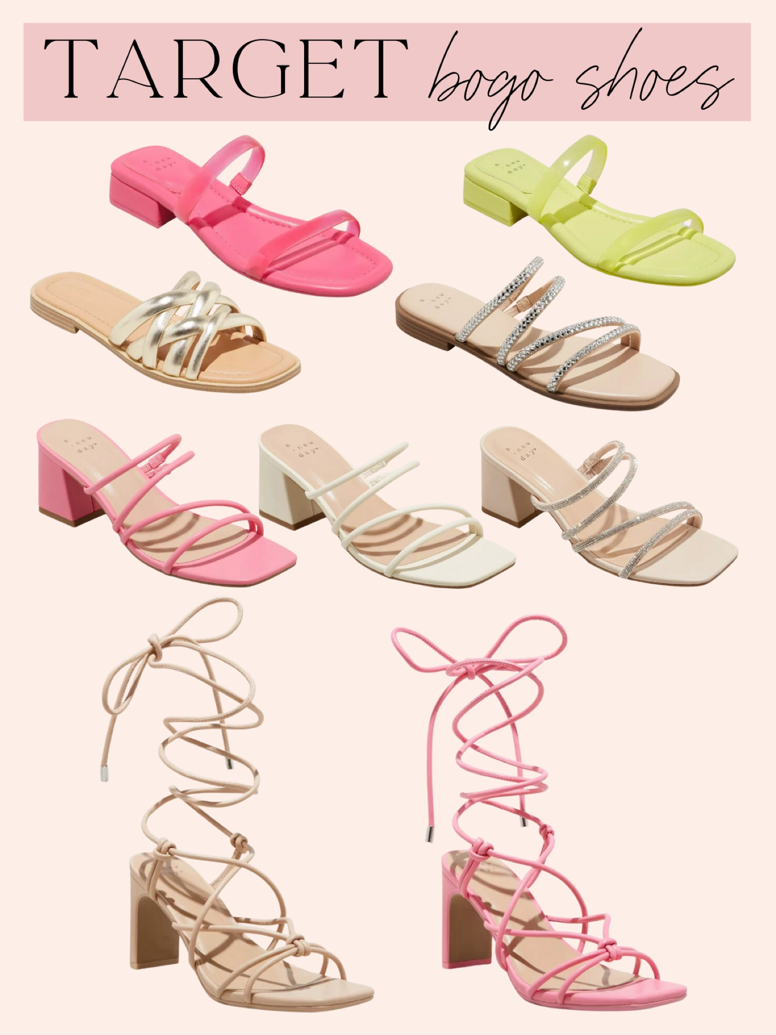 Target shoes are buy one get one 50% off! Pink sandals, metallic sandals, rhinestone sandals, lace up heels, summer heels, summer shoes

#LTKsalealert #LTKshoecrush #LTKunder50