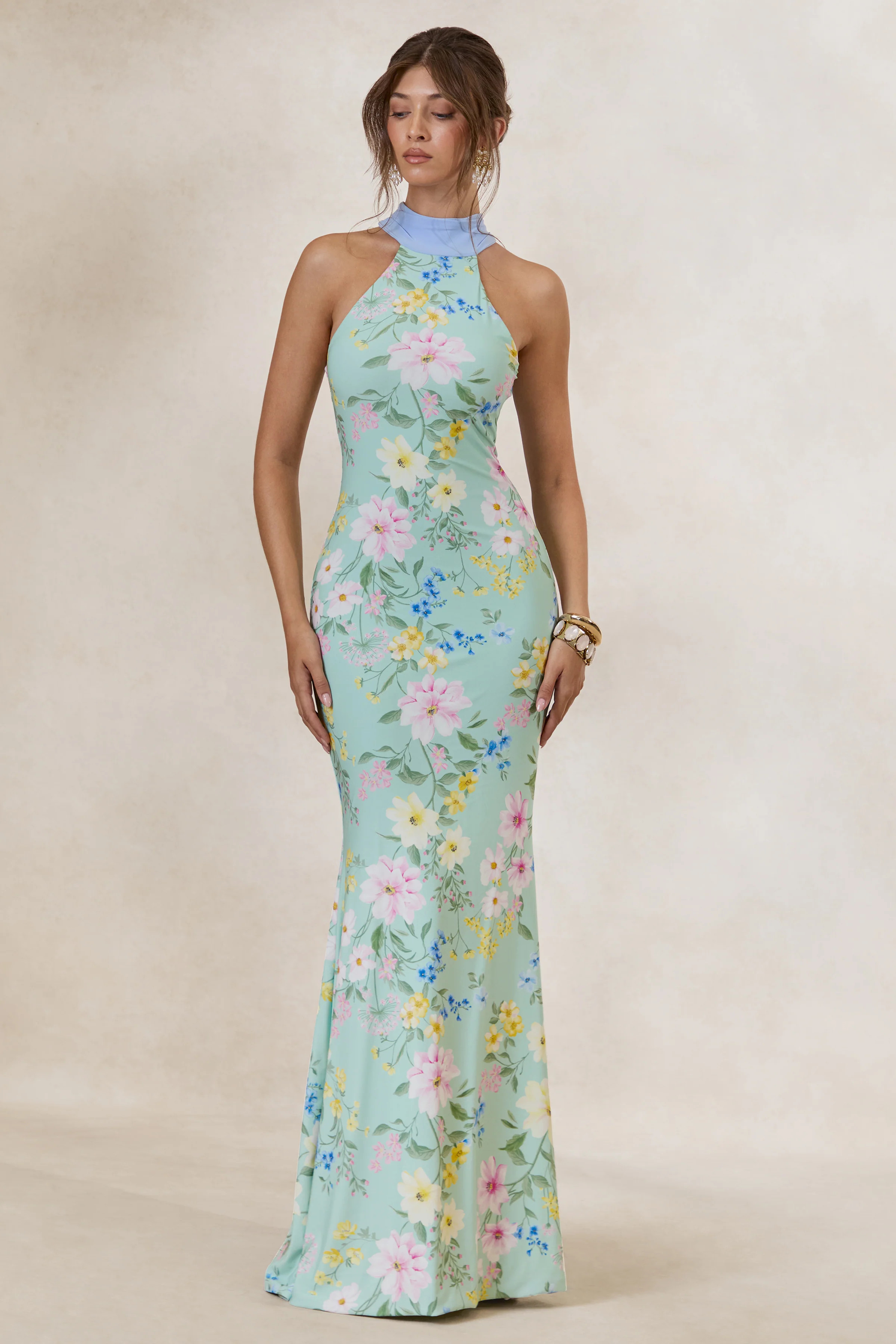 Inarah | Mint Floral Print High-Neck Maxi Dress With Scarf Detail | Club L London