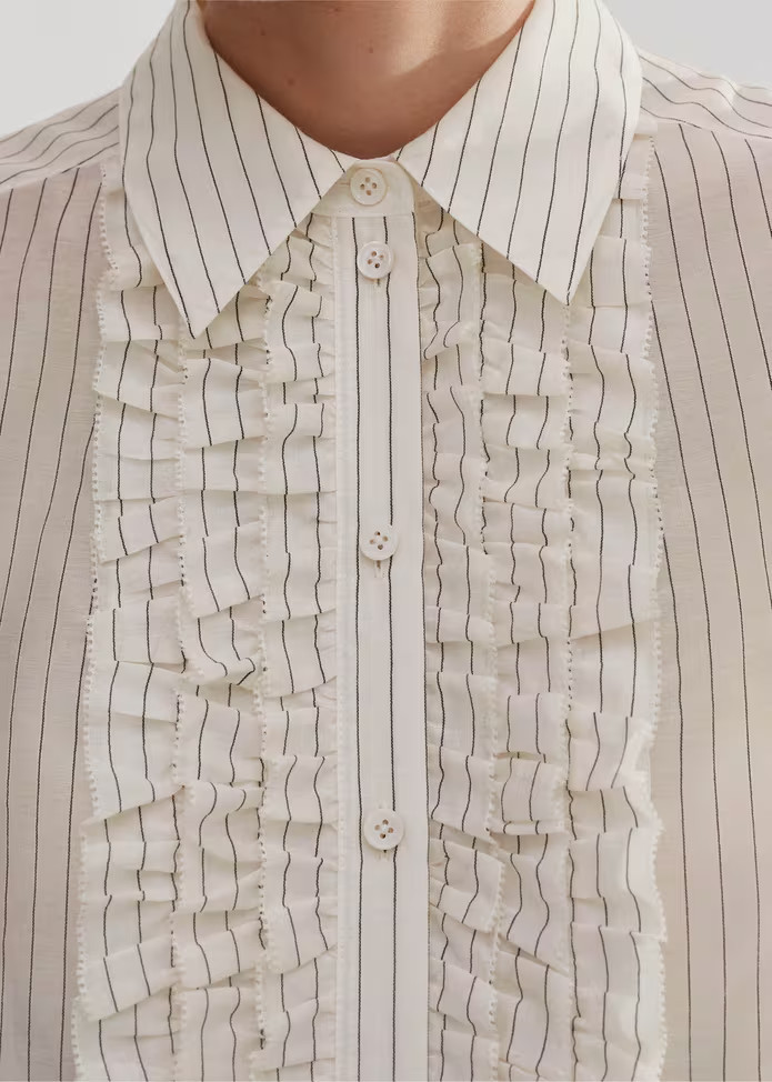 Silk Cotton Pinstripe Ruffle Blouse Cotton + Silk Blend | ME+EM US