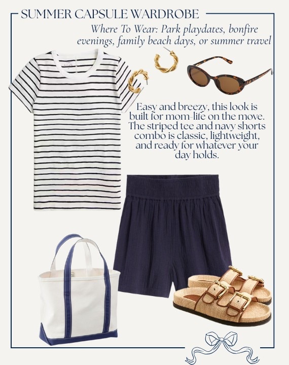 Summer Capsule Wardrobe // summer outfit ideas / outfit ideas for moms // STRIPED TEE & NAVY SHORTS // Easy and breezy, this look is built for mom-life on the move. The striped tee and navy shorts combo is classic, lightweight, and ready for whatever your day holds. Where to Wear: Park playdates, family beach days, or summer travel 

#LTKStyleTip #LTKFindsUnder100 #LTKSeasonal