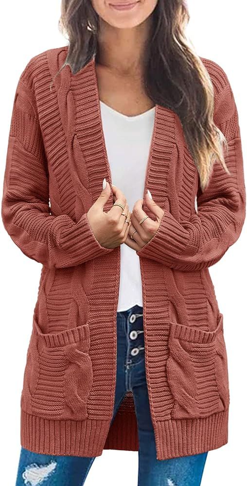 MEROKEETY Women's Long Sleeve Cable Knit Cardigan Sweaters Open Front Fall Outwear Coat | Amazon (US)