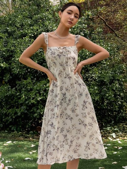 DAZY Allover Floral Print Tie Front Shirred Ruffle Trim Dress | SHEIN