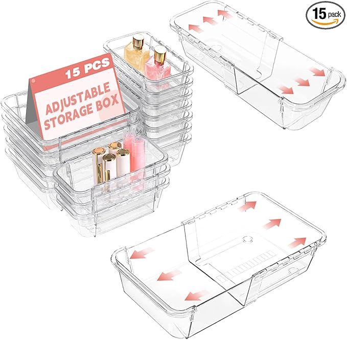 15 Pcs Extendable Clear Drawer Organizer, All Adjustable Vanity Storage Box, 2-Size Desk Drawer O... | Amazon (US)