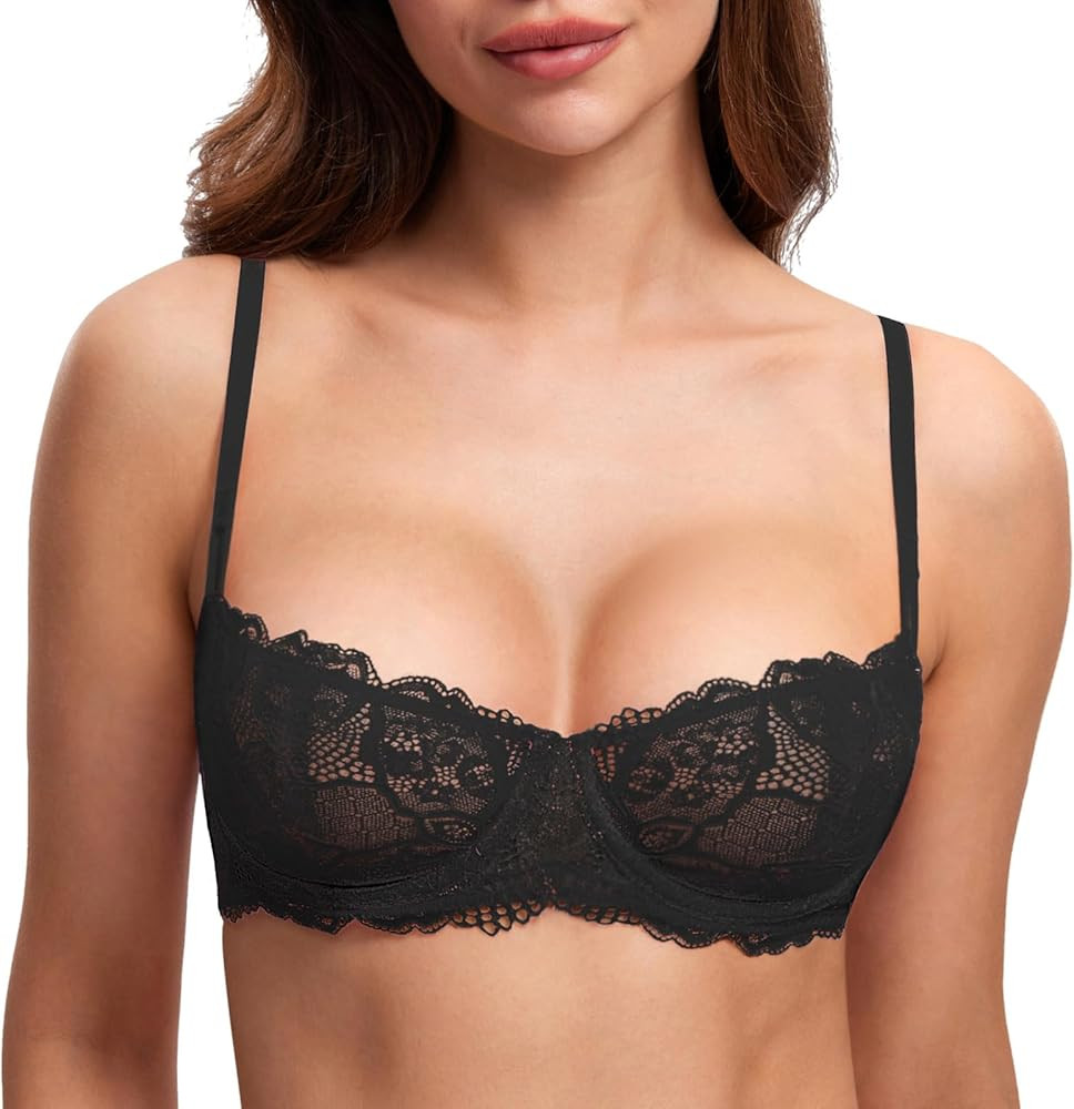 DOBREVA Women's Unlined Balconette Bra Sexy Lace Sheer Underwire Large Breasts Demi Cup | Amazon (US)
