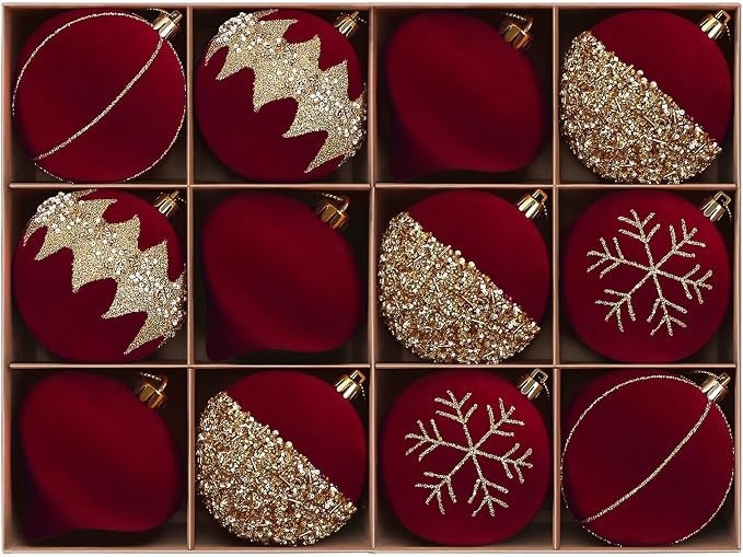 SHareconn 12ct Velvet Glitter Christmas Tree Balls Ornaments,3.15" Flocked Ornaments,Shatterproof... | Amazon (US)