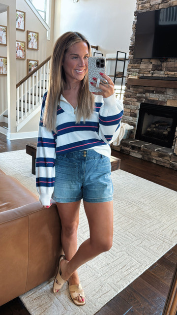 Boat day anyone? Do not sleep on the Draper James line at Kohl's! These jeans are a comfortable and flattering. I paired with a red, white, and blue striped half-zip pull-over (perfect for Memorial Day!) and gold strapped sandals. Spring outfit inspo, casual mom outfit, patriotic outfit inspo 

 #LTKSpringSale #LTKSeasonal #LTKFindsUnder100