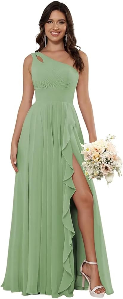 Noras dress Chiffon One Shoulder Bridesmaid Dresses with Slit A-Line Long Formal Party Dress with... | Amazon (US)